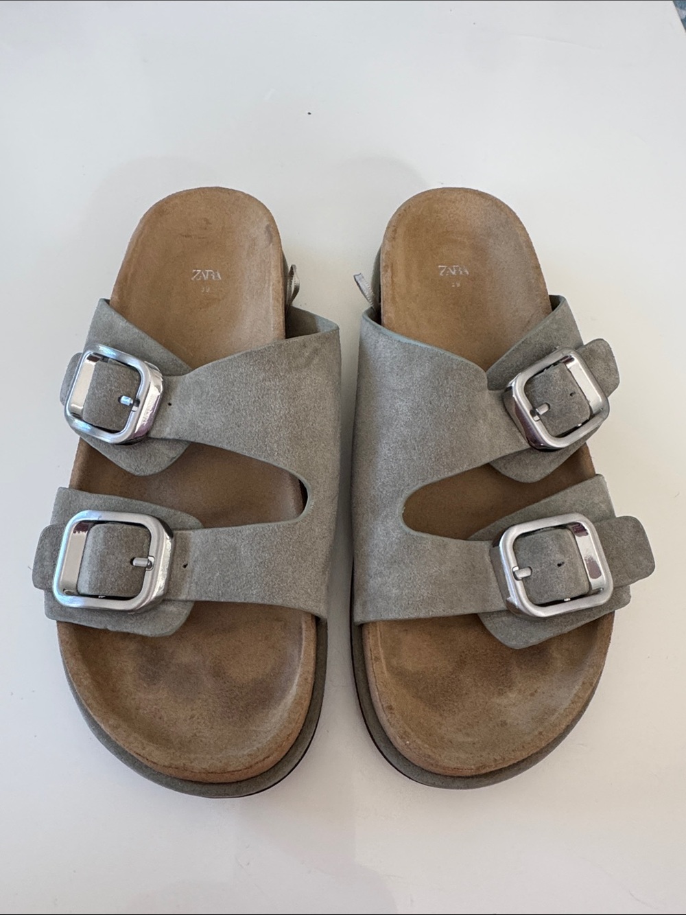 Zara Taupe  Suede Double Buckle Slide Sandals - size 39